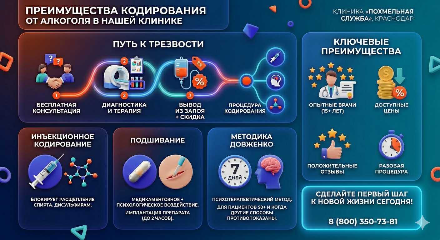 Инфографика о методах кодирования от алкоголя в Суровикино: инъекции, подшивание, метод Довженко. Преимущества клиники и этапы лечения.