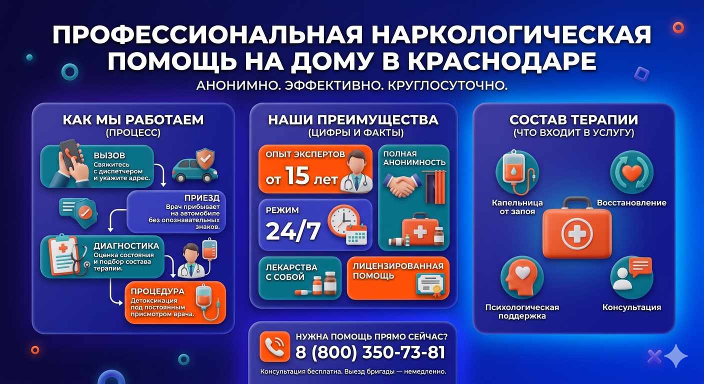 Инфографика о принципах лечения алкоголизма на дому в Суровикино: этапы вызова нарколога, преимущества анонимной детоксикации и состав медицинской помощи.